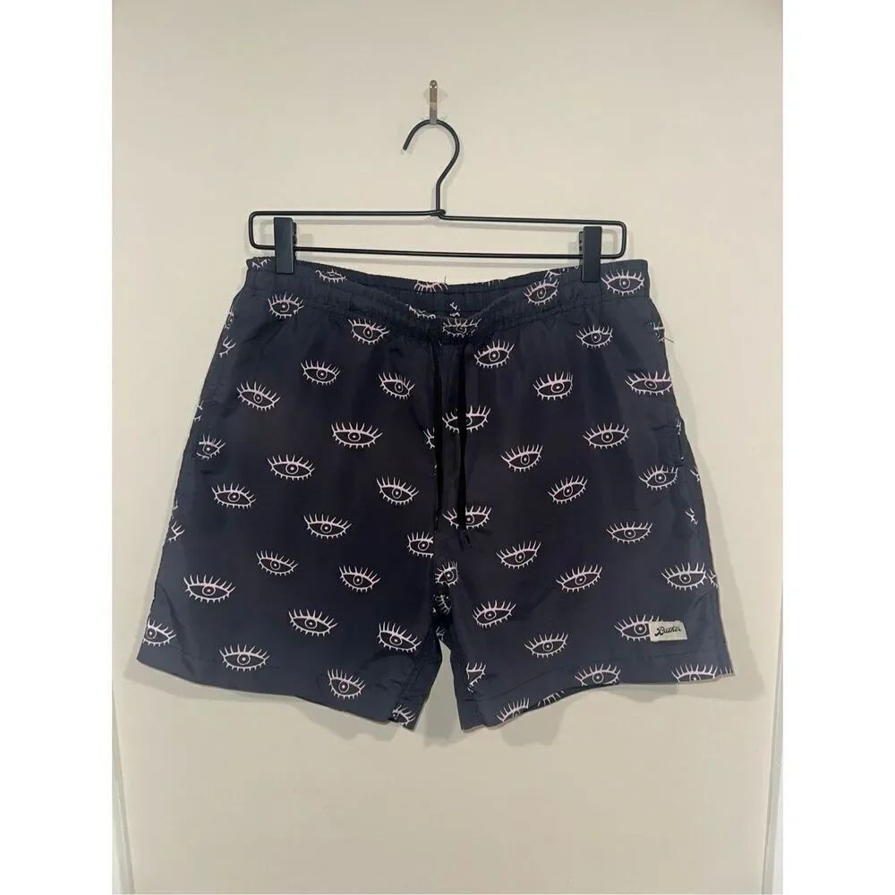 Mens Bather Swim Trunks Gray Pink Eyes Lined Medium